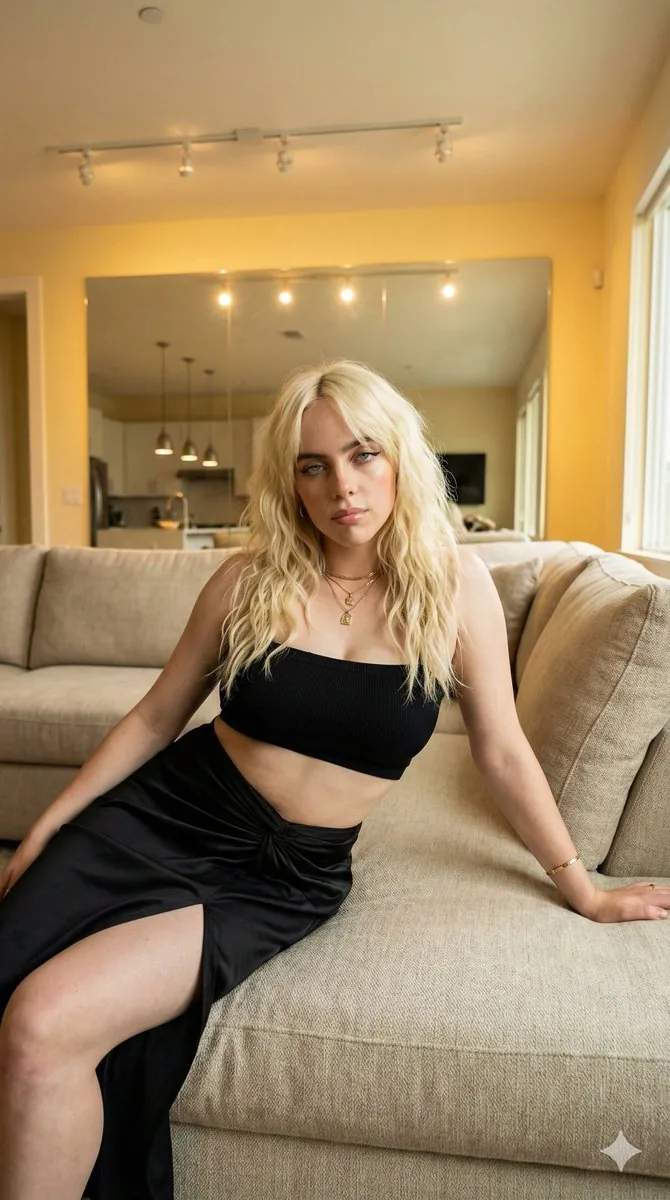 Photorealistic Portrait of Billie Eilish in Upscale Modern Living Room - Nano Banana Pro AI Prompt for Social Media Post reference