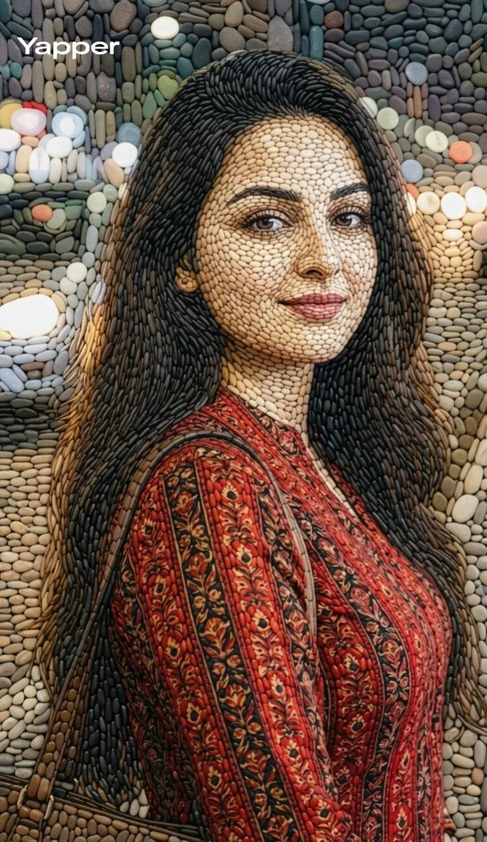 Pebble mosaic portrait of a beautiful woman reference