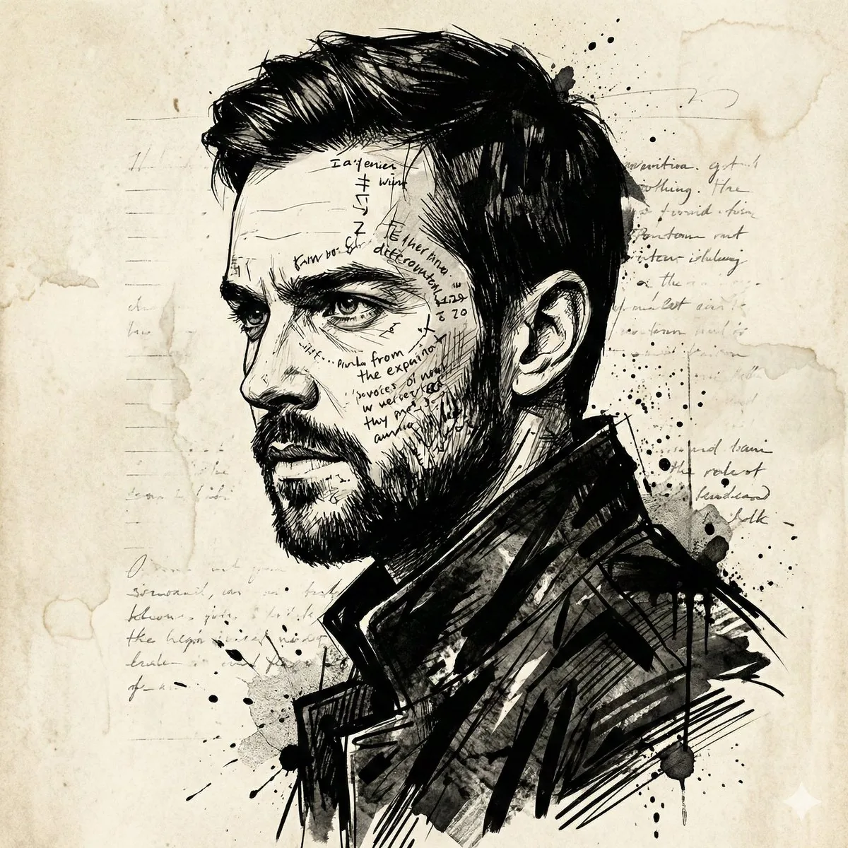 Intense Ink Sketch Portrait with Face Likeness - Nano Banana Pro AI Prompt for Social Media Post reference