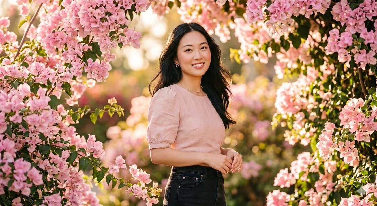 Ethereal 8K Portrait with Bougainvillea Blossoms Prompt reference