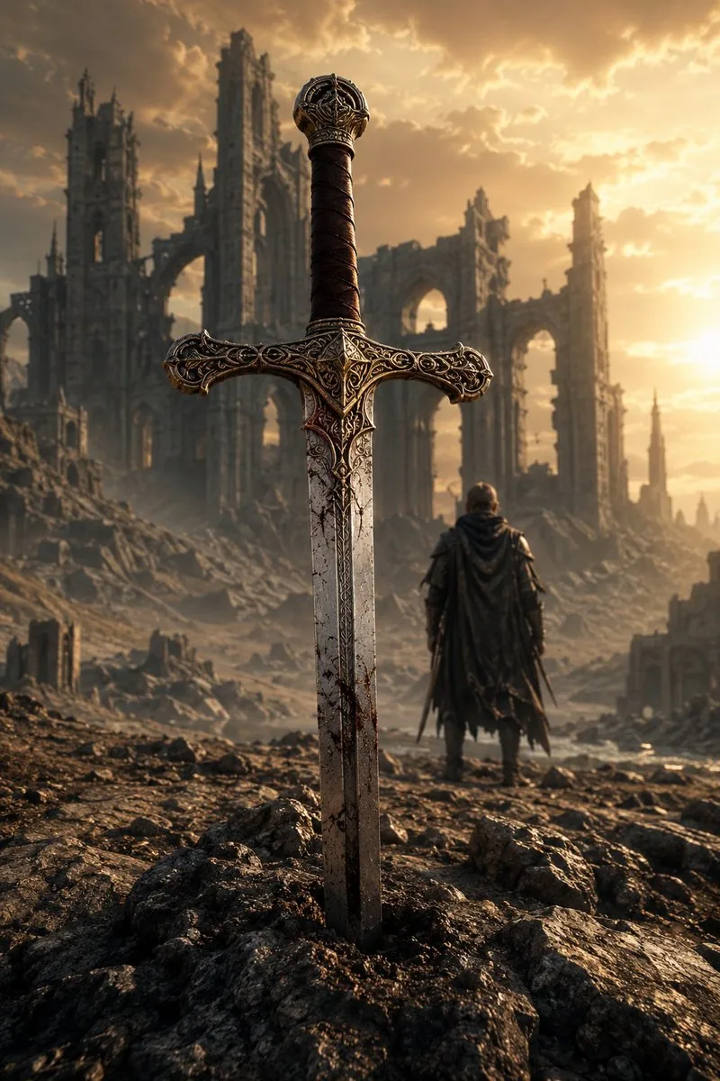 Medieval Fantasy Sword in Apocalyptic Landscape reference