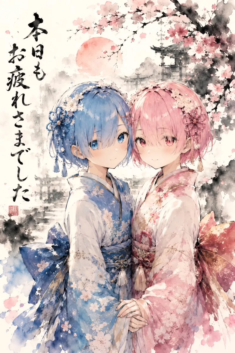 Twin Kimono Sakura Watercolor reference