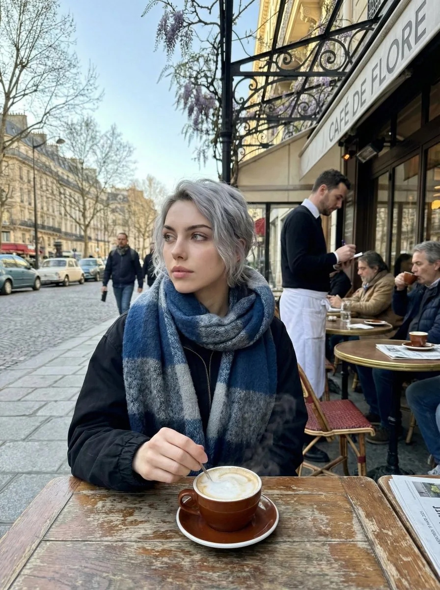 Paris Marais cafe terrace portrait prompt reference