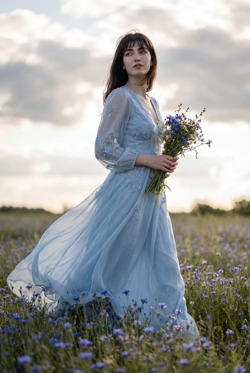 Flowing Gown Wildflower Meadow - Nano Banana Pro AI Prompt for Product Marketing reference