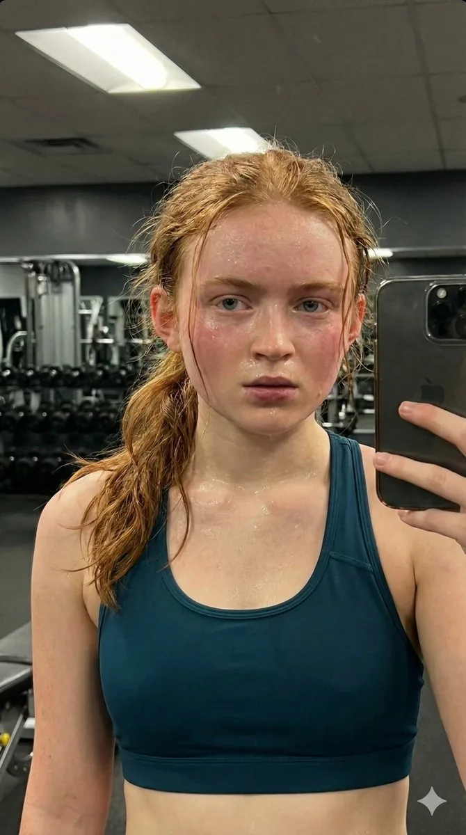 Sadie Sink Post-Workout Candid Selfie - Nano Banana Pro AI Prompt for Social Media Post reference