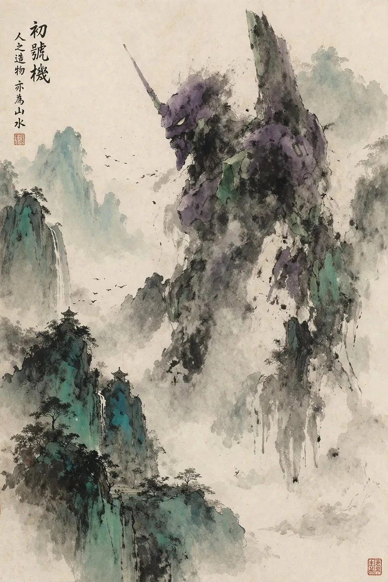 Mecha Ink Wash Landscape Painting reference