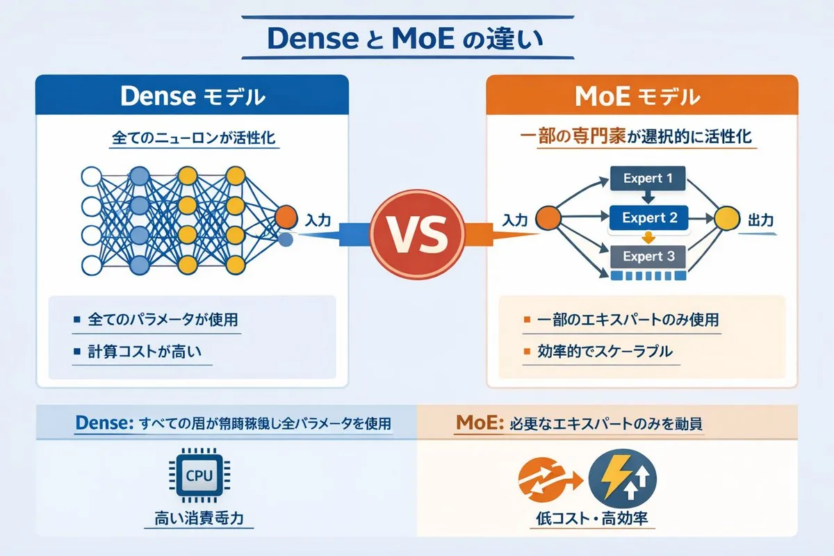Dense vs MoE Neural Network Infographic reference