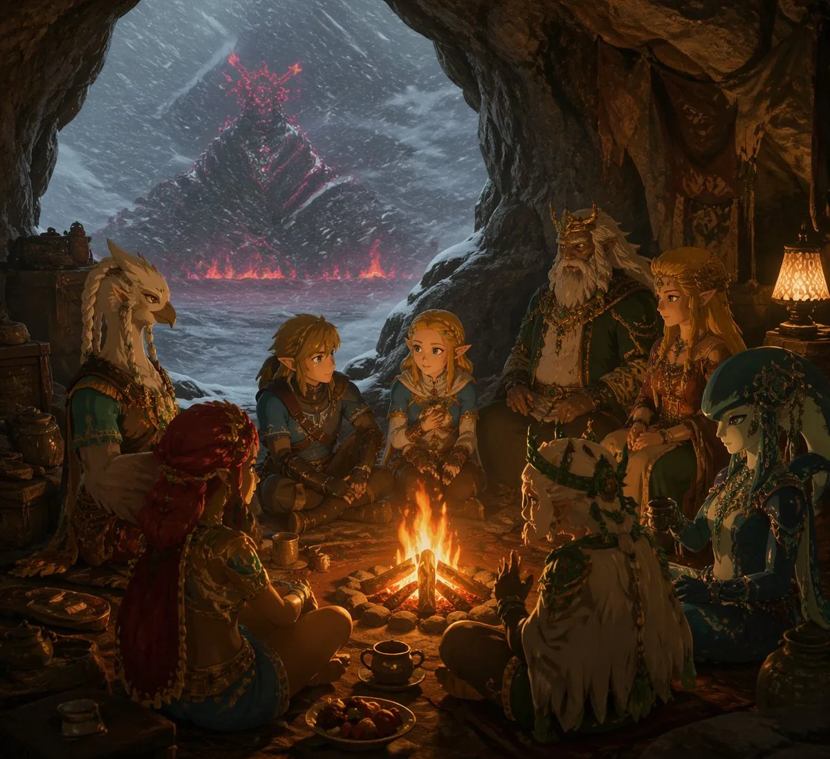 Fantasy Campfire Before a Crimson Mountain reference
