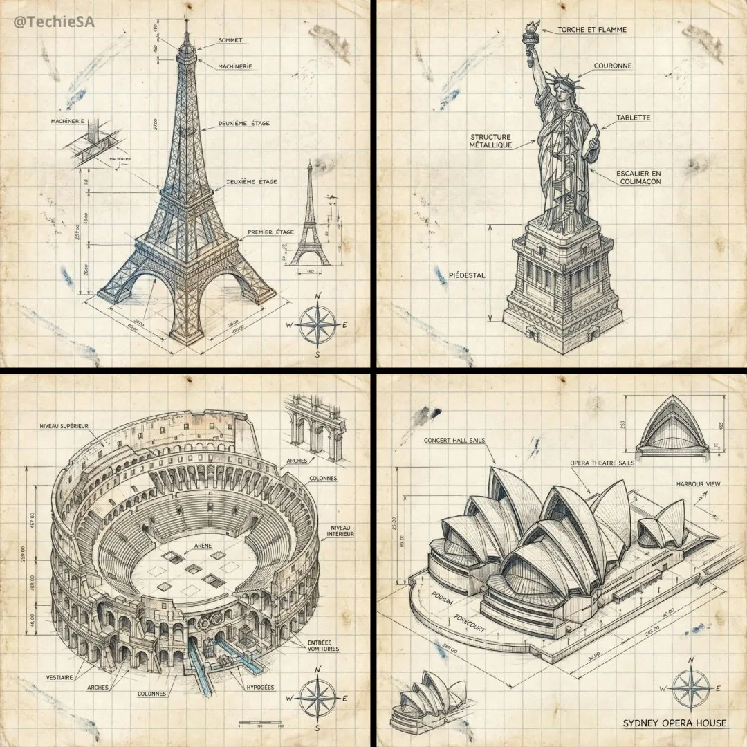 Hand-drawn isometric landmark schematic reference