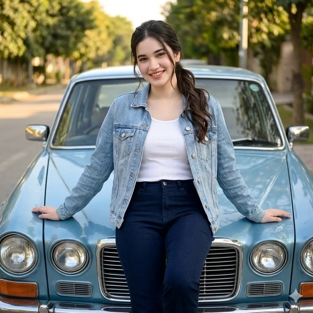 Woman Leaning on Vintage Blue Car reference