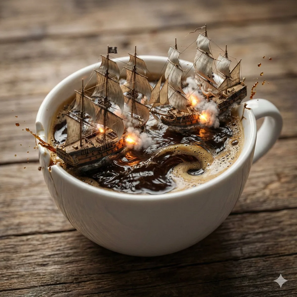 Pirate Sea Battle Inside a Coffee Cup - Nano Banana Pro AI Prompt for Product reference