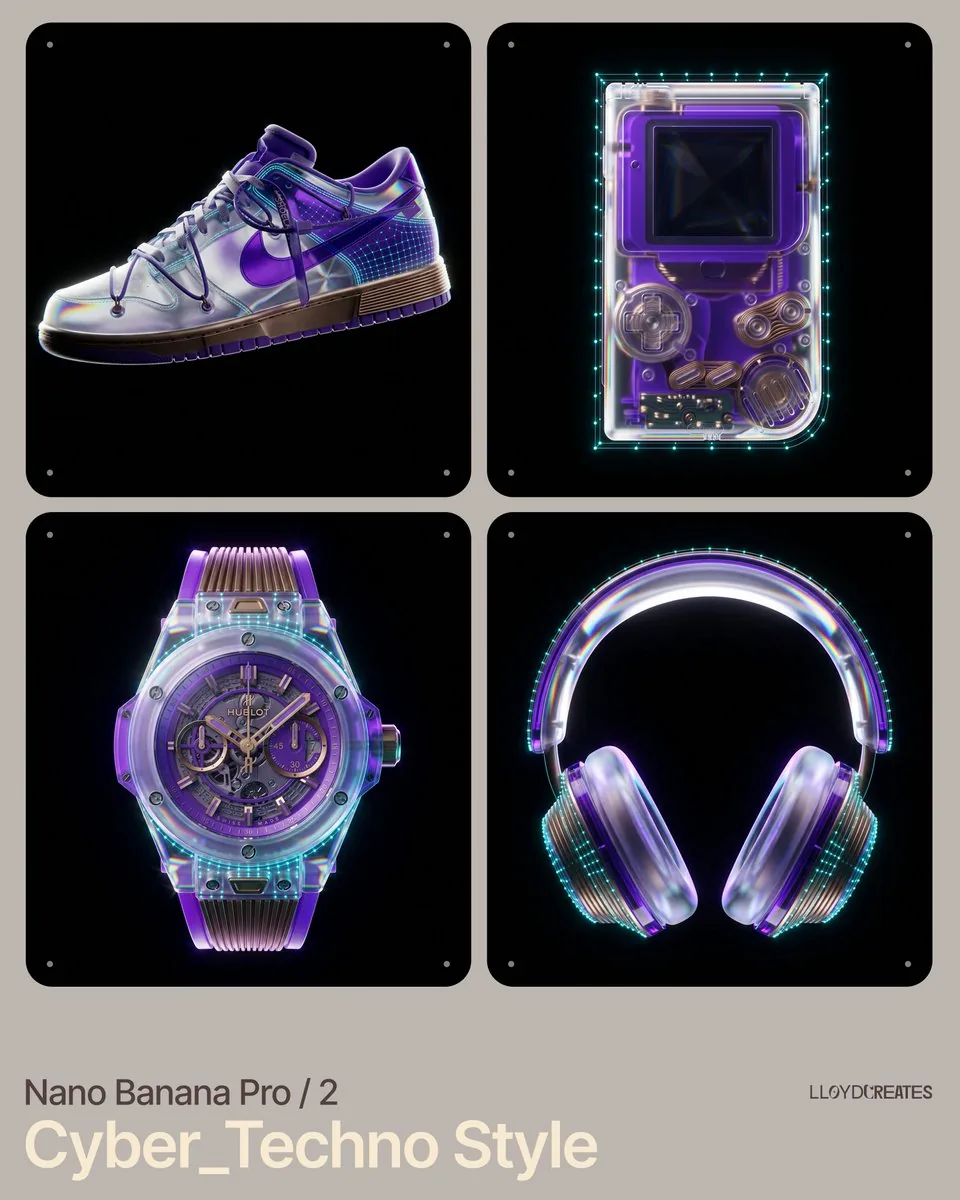 Cyber-Techno Product Shot in Void with Prismatic Effects - Nano Banana Pro AI Prompt for Product Marketing reference