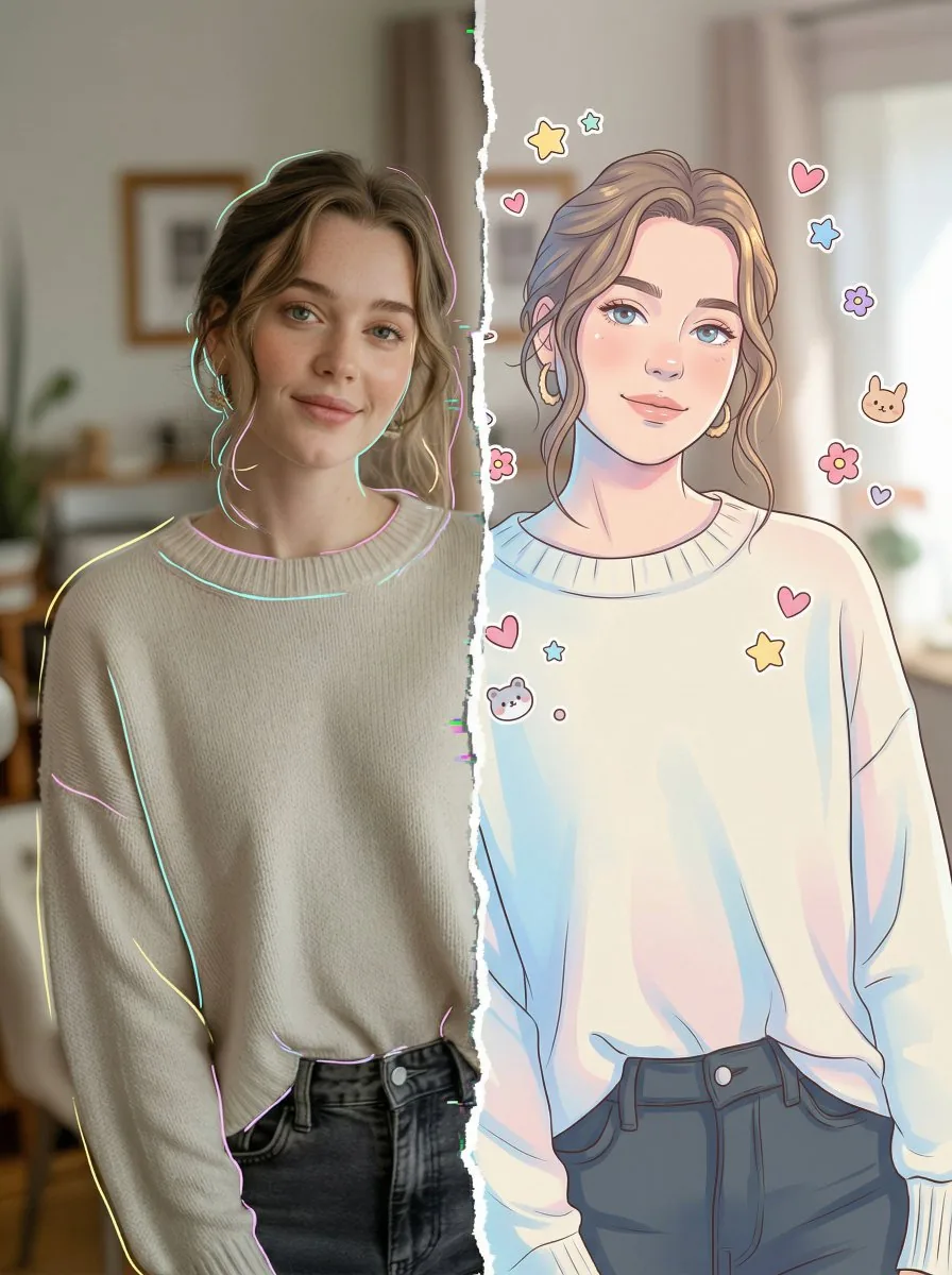 Split-Style Portrait: Photo vs. Digital Illustration reference