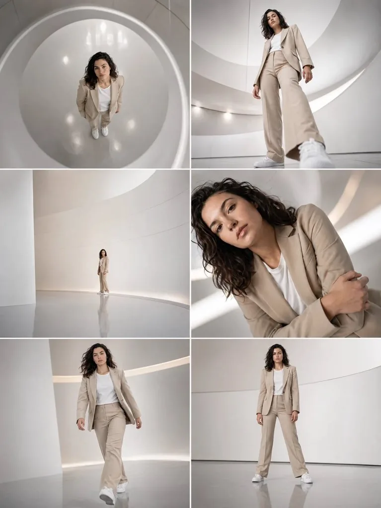 Futuristic Beige Suit Editorial Collage reference