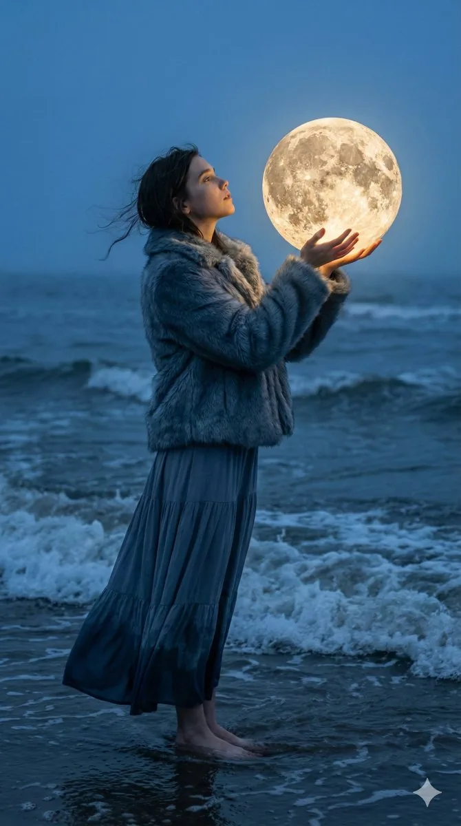Magical Realism Portrait: Woman Holding a Glowing Moon Orb at Twilight - Nano Banana Pro AI Prompt for Portrait / Selfie reference
