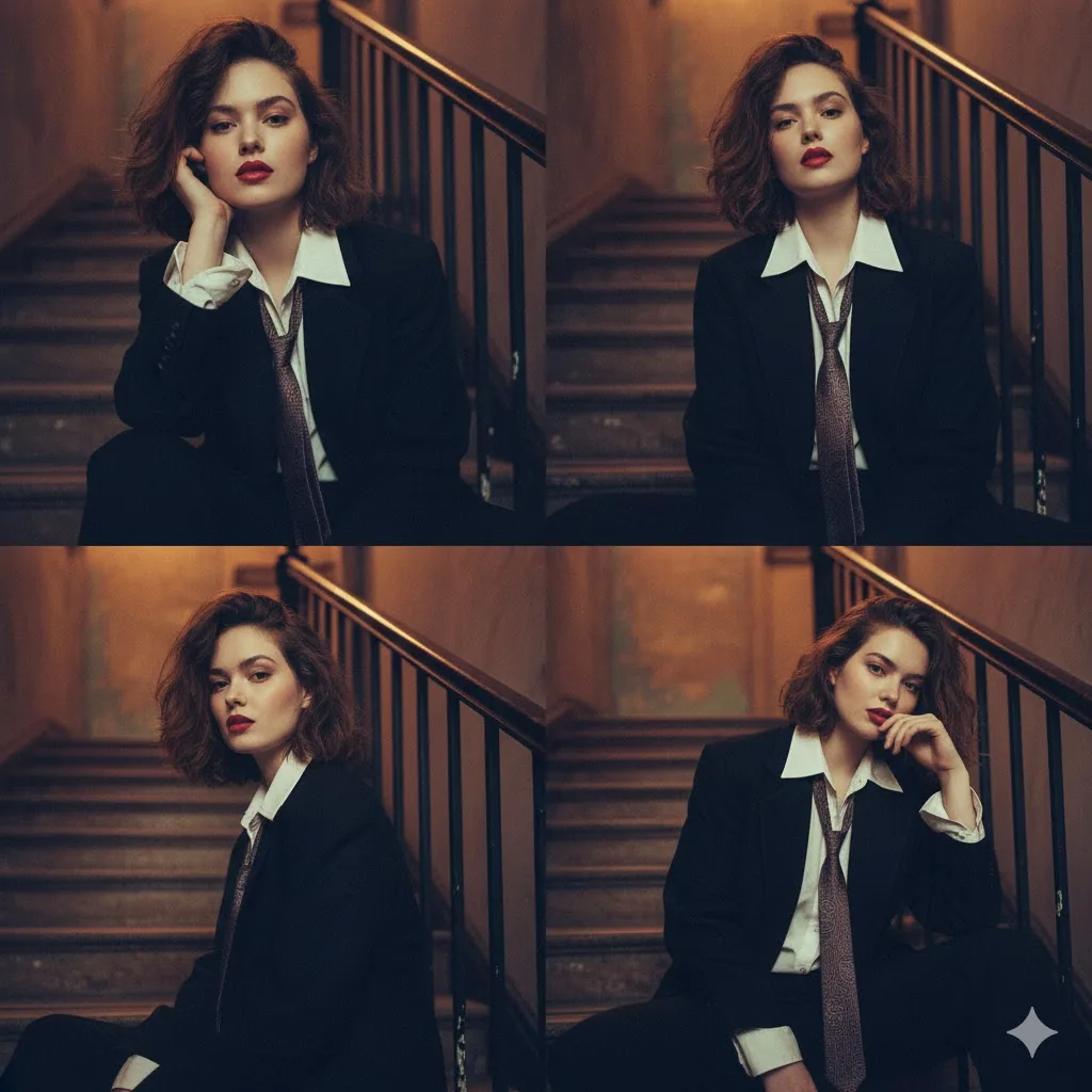 Moody 2x2 editorial collage of an androgynous woman - Nano Banana Pro AI Prompt for Social Media Post reference