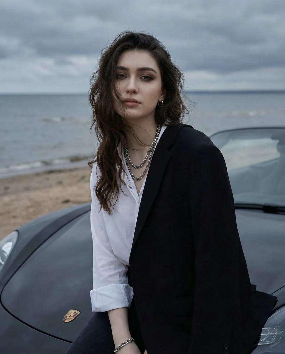 Overcast Seaside Car Hood Portrait with Identity Lock Prompt - Nano Banana Pro AI Prompt for Social Media Post reference