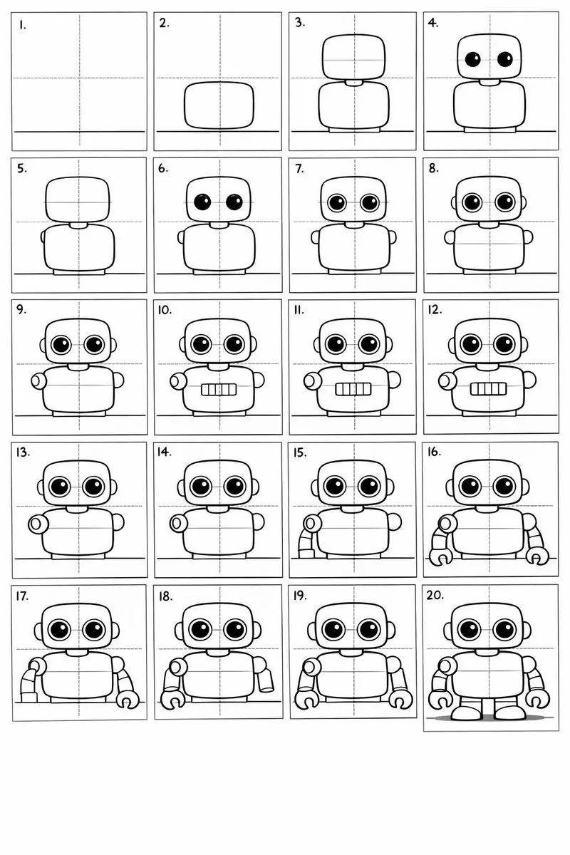 20-Panel Cartoon Robot Drawing Guide Prompt - Nano Banana Pro AI Prompt for Infographic / Edu Visual reference