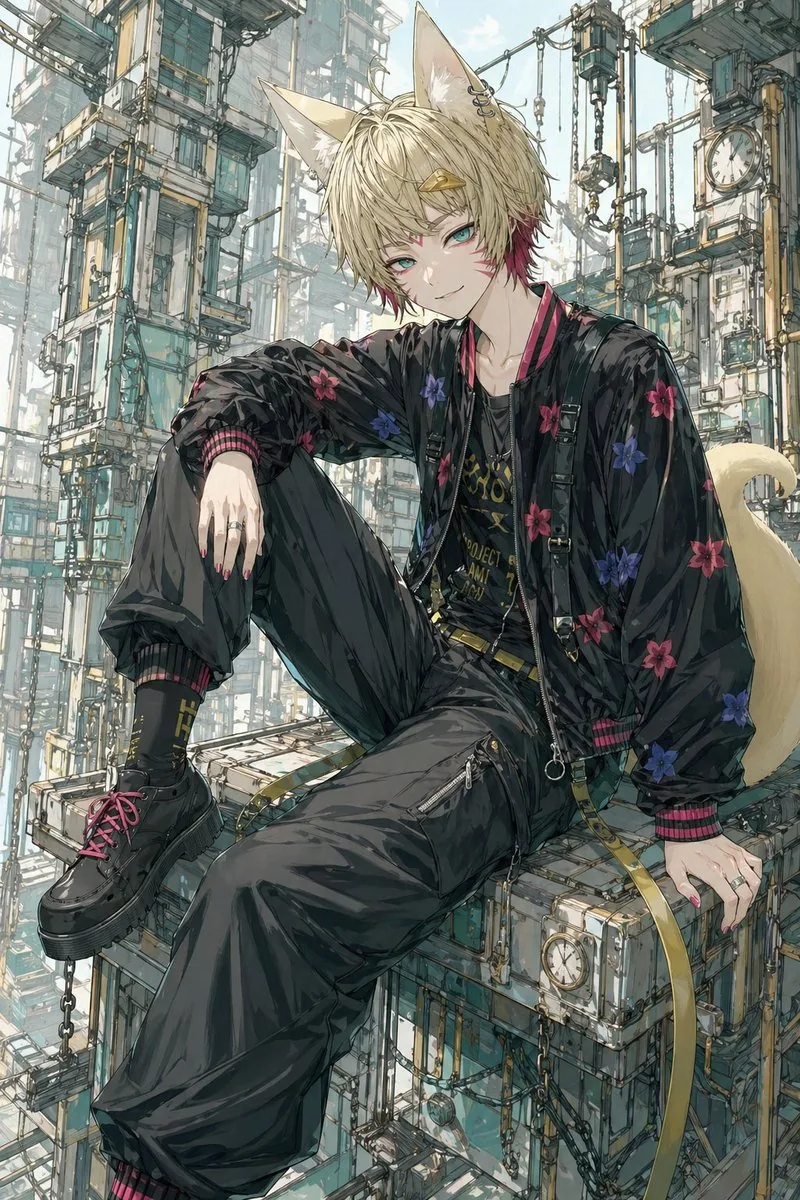 Fox-Eared Streetwear Boy in Steampunk City reference
