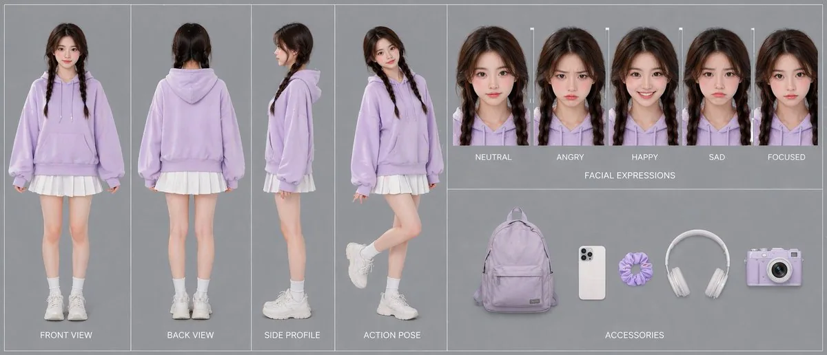 Lavender Hoodie Character Reference Sheet reference