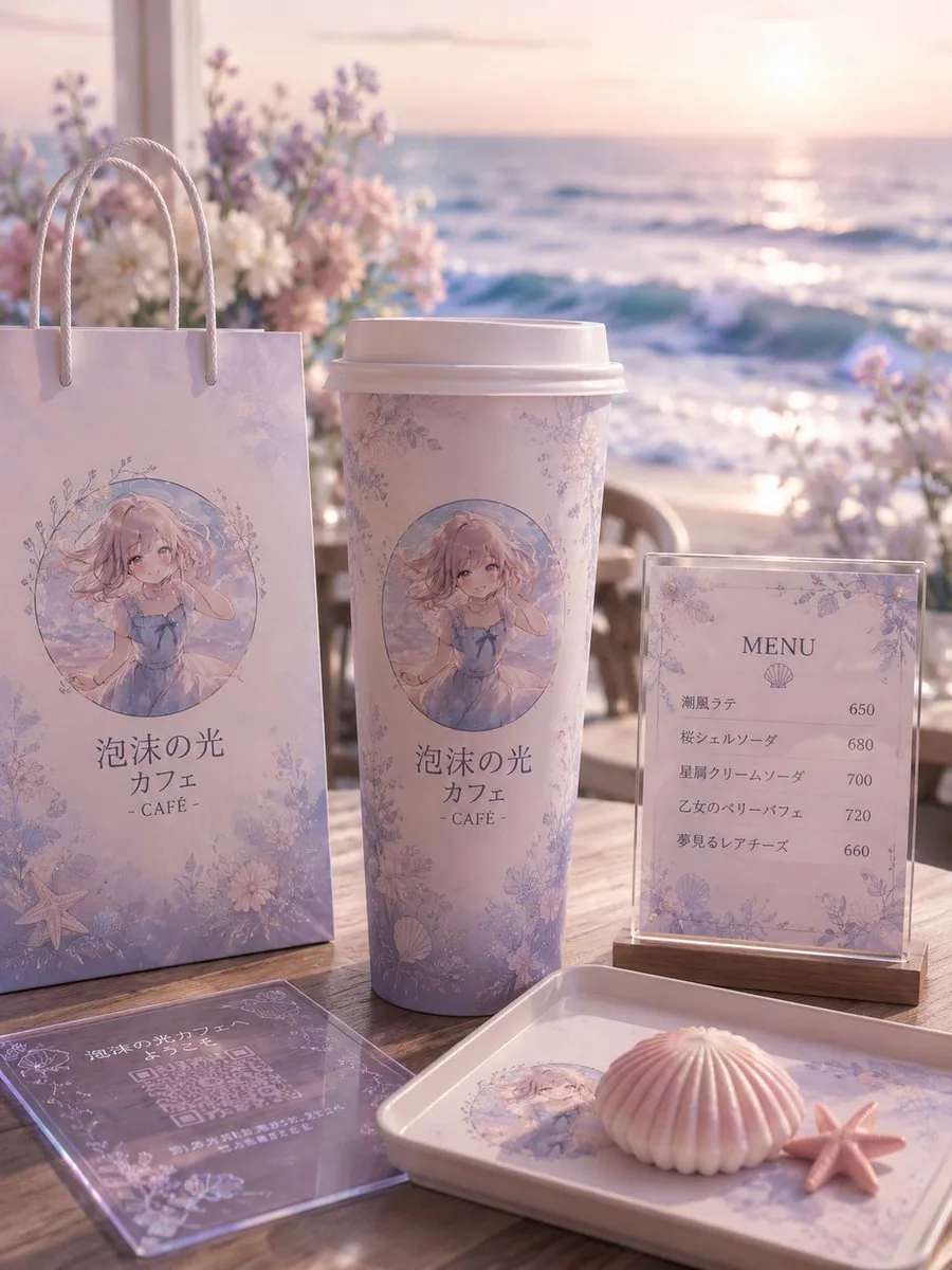 Pastel Seaside Anime Cafe Mockup reference
