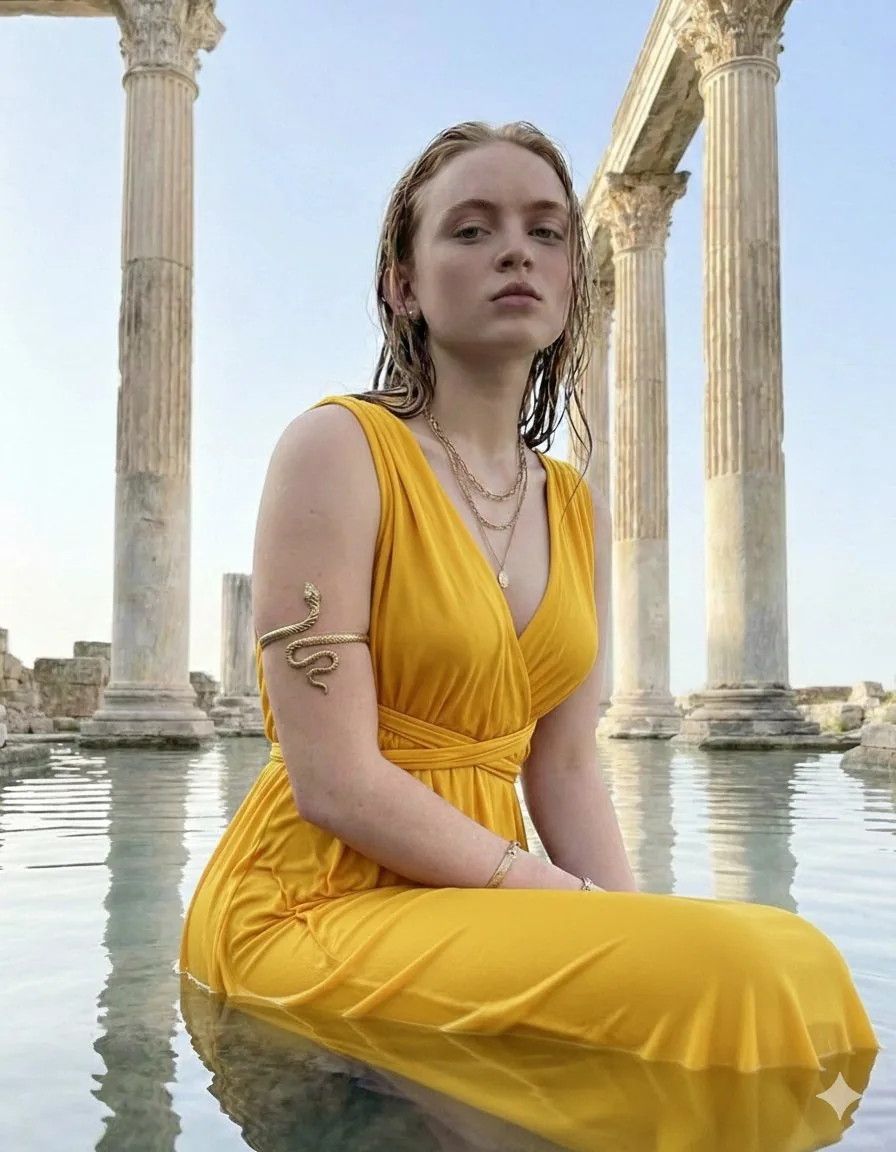 Sadie Sink Classical Goddess Editorial (Urdu/Hindi) - Nano Banana Pro AI Prompt for Product Marketing reference
