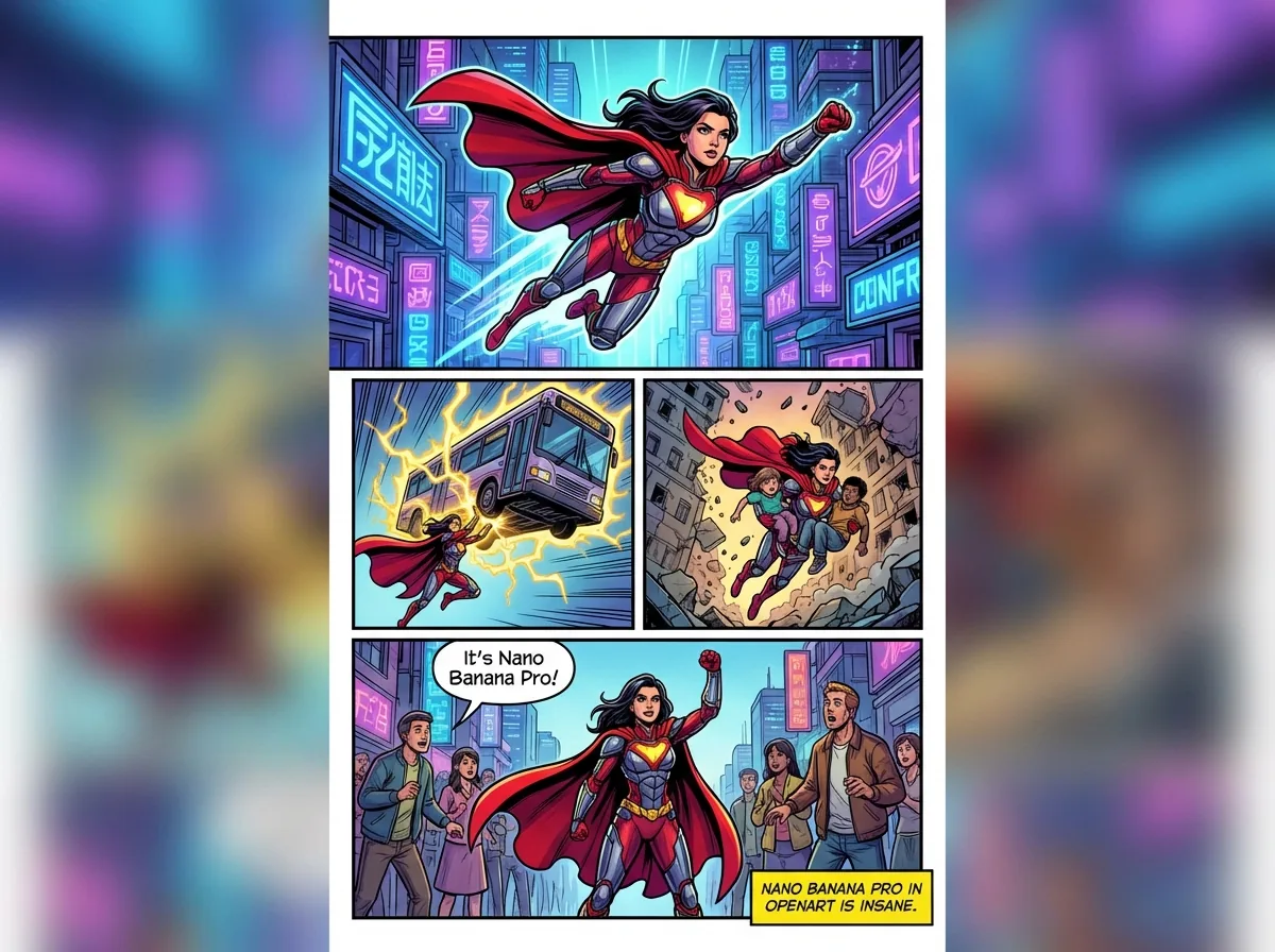 Marvel-style comic storyboard of a heroine reference