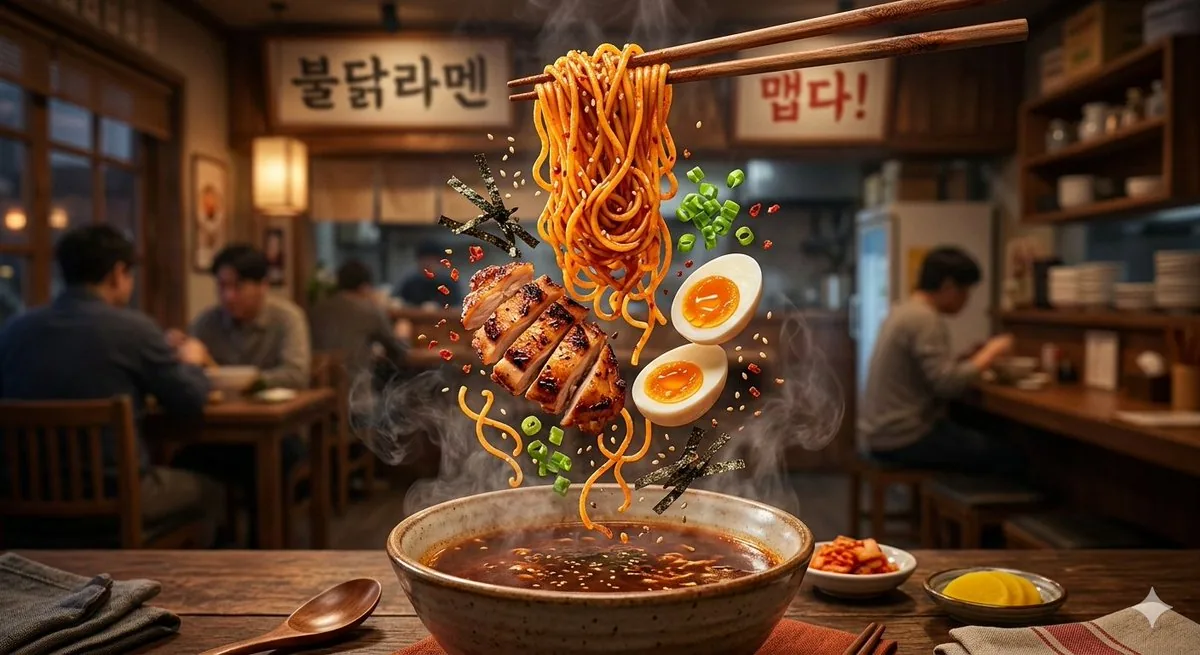 Cinematic Food Commercial Shot of Deconstructed Buldak Ramen reference