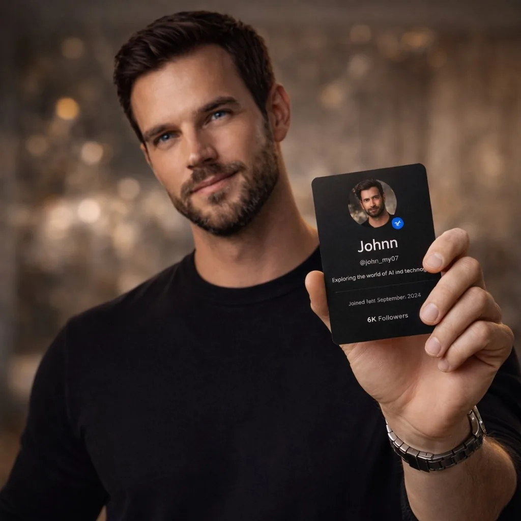 High-End Editorial Photoshoot of a Social Media Profile Card - Nano Banana Pro AI Prompt for Product Marketing reference