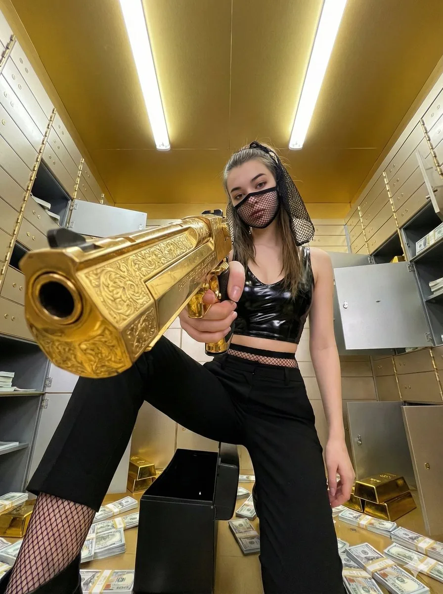 Bank Vault Heist Scene with Gold Pistol - Nano Banana Pro AI Prompt for Social Media Post reference