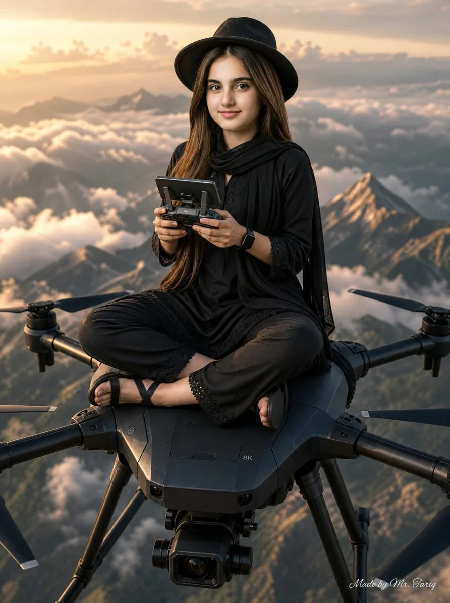 Woman Riding Giant Drone Above Mountains reference