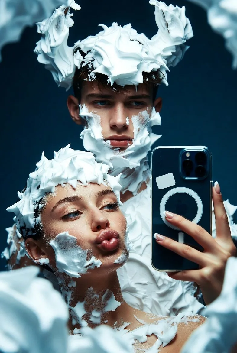 Playful Shaving Cream Mirror Selfie Prompt - Nano Banana Pro AI Prompt for Social Media Post reference