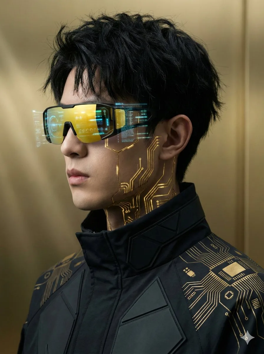 Futuristic Cyberpunk Portrait with Golden Circuitry reference