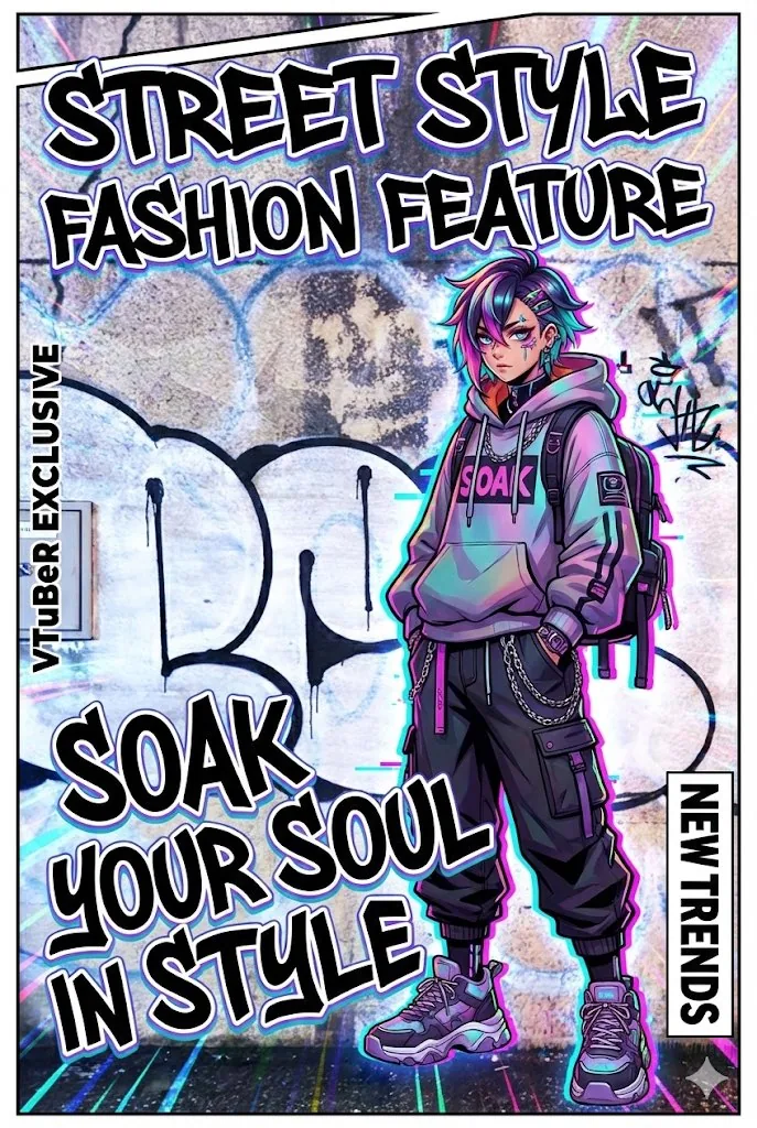 VTuber-style street-fashion thumbnail from a city photo reference