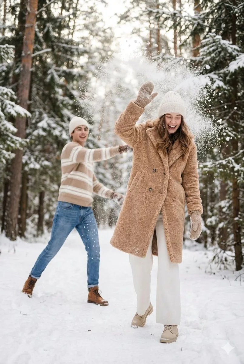 Cinematic Winter Scene Prompt of Couple Throwing Snow - Nano Banana Pro AI Prompt for Social Media Post reference