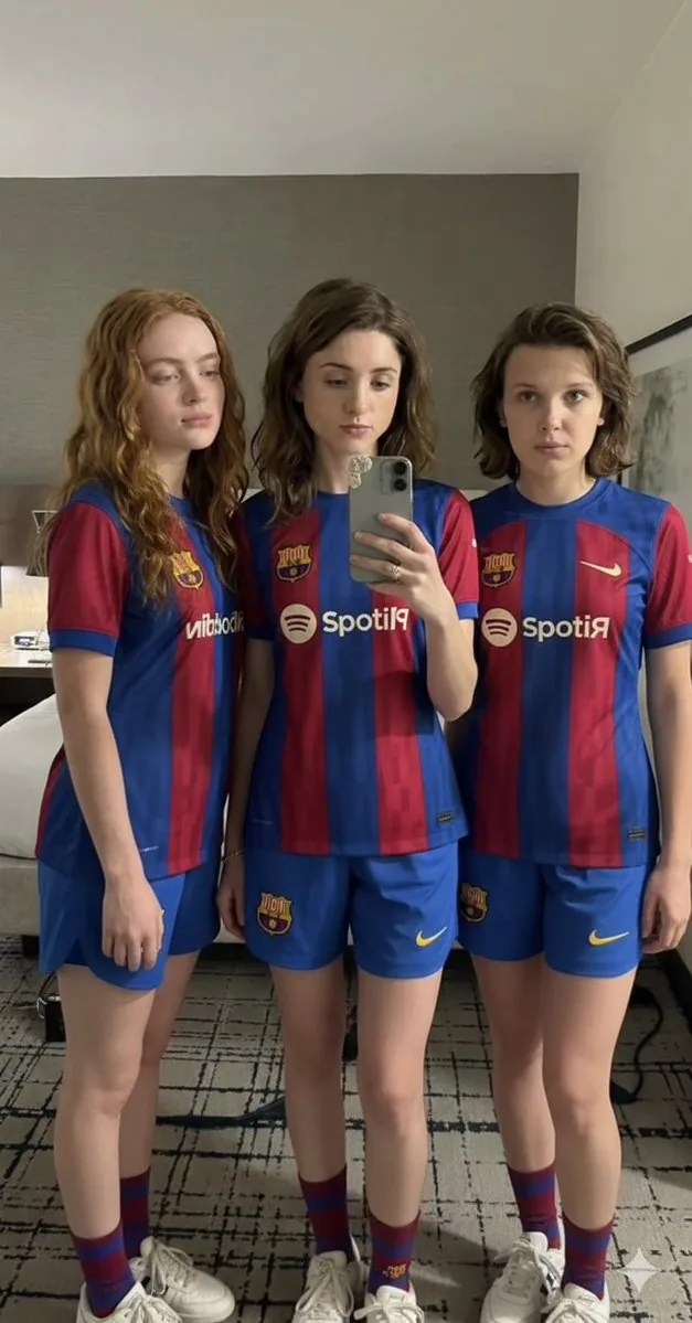 Full-Body Mirror Selfie of Actresses in FC Barcelona Kits - Nano Banana Pro AI Prompt for Social Media Post reference