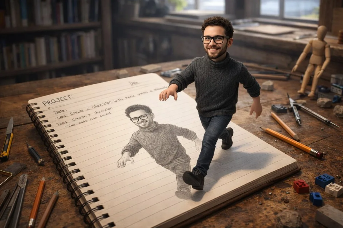 Character Stepping Out of a Sketchbook (Surreal Photo) - Nano Banana Pro AI Prompt for Social Media Post reference