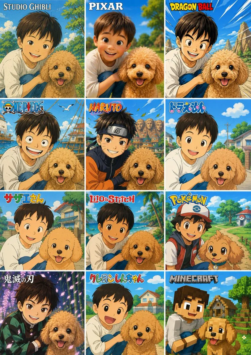 12-Style Anime Photo Transformation Grid