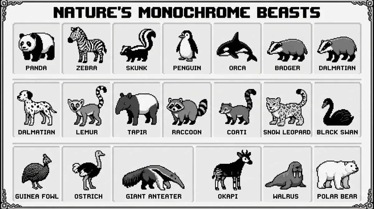 16-bit pixel art poster of black-and-white animals reference
