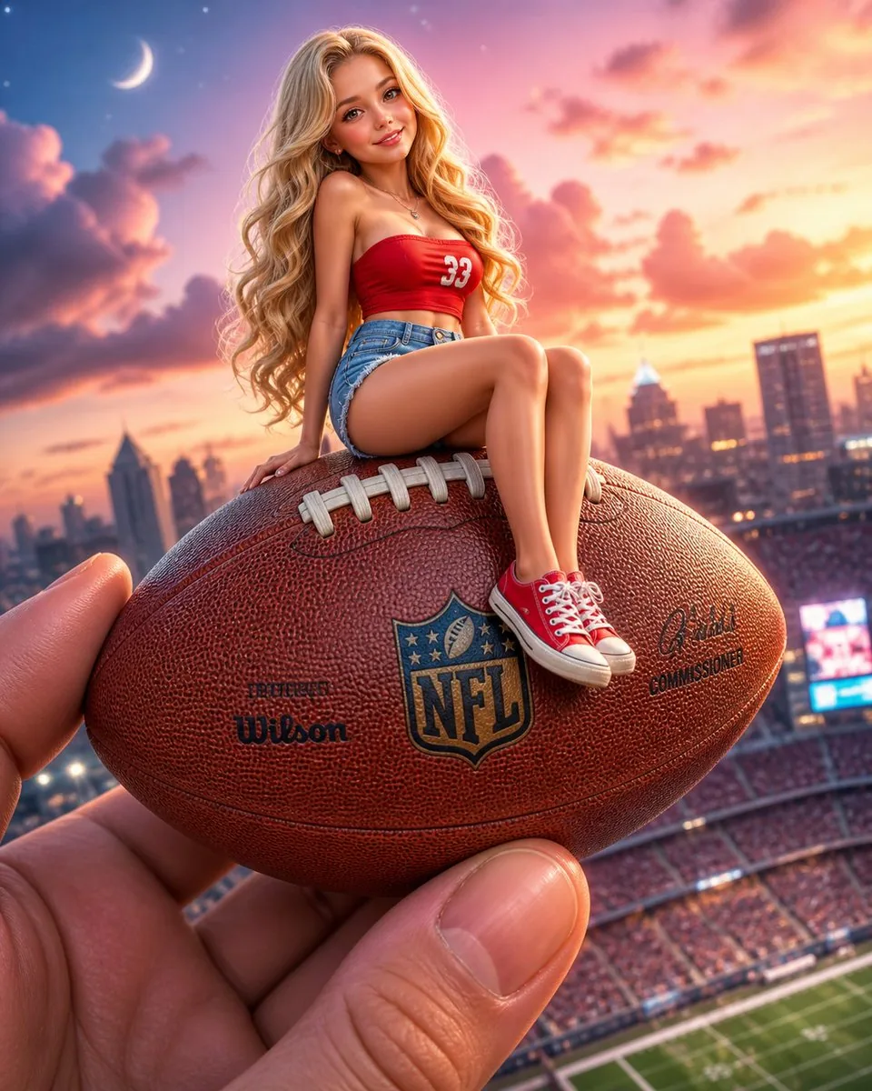 Miniature Girl on Giant Football reference