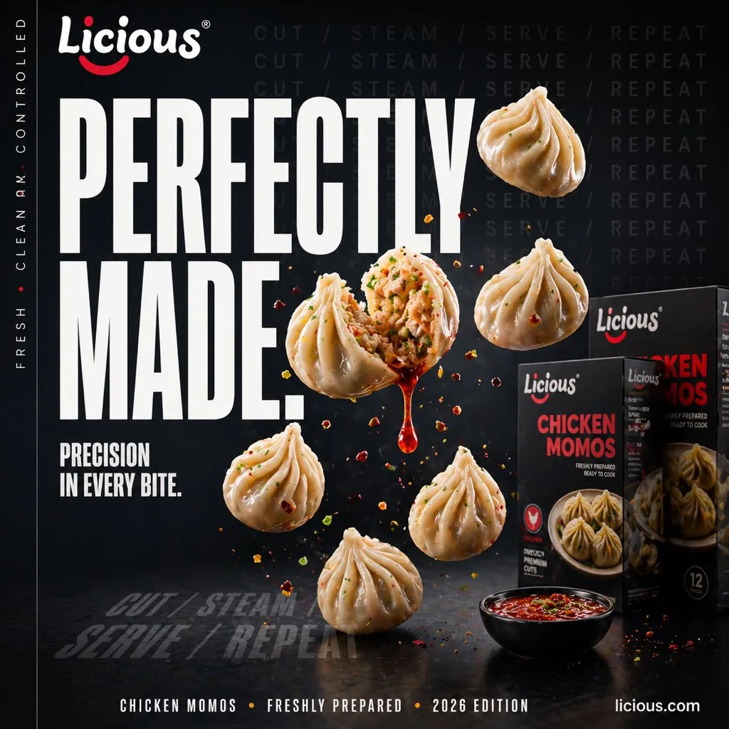 Cinematic Chicken Momos Ad Poster reference