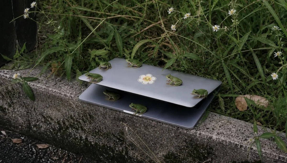 Frogs on a Laptop in Wild Grass reference