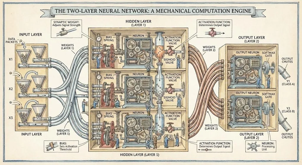 Two-layer neural network diagram in Stephen Biesty style reference