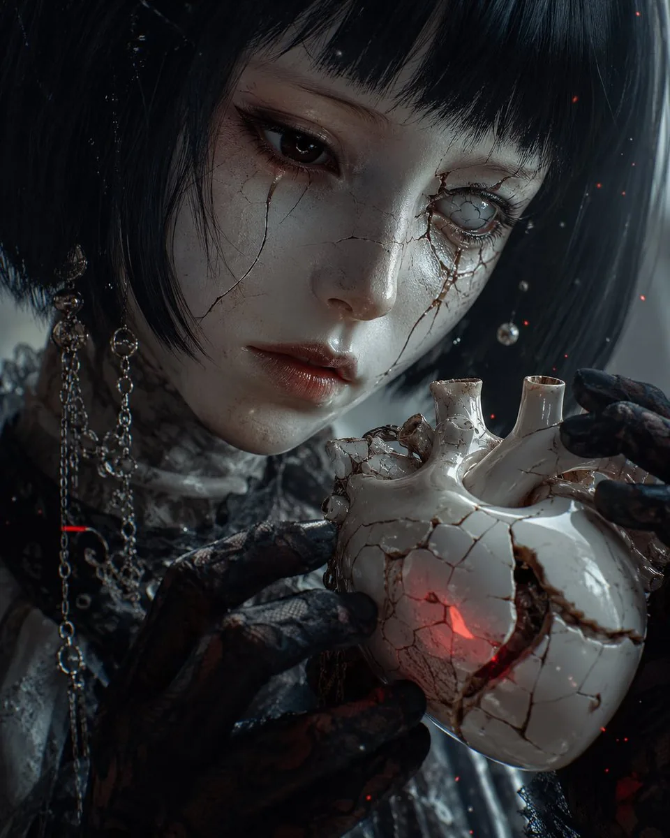 Cracked Porcelain Girl Holding Heart reference
