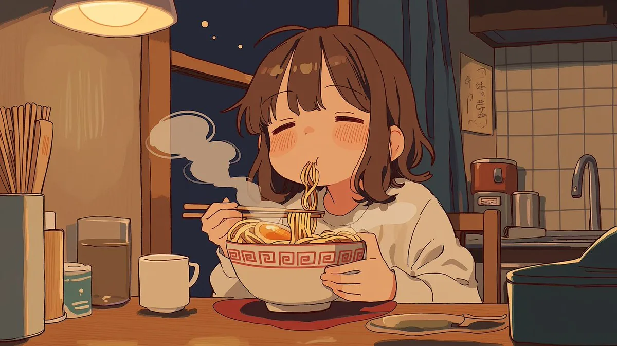 Sleepy Woman Eating Ramen at Night reference