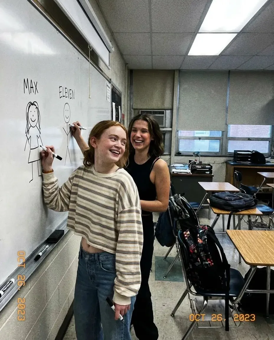 Low-Quality Candid Smartphone Photo of Sadie Sink and Millie Bobby Brown - Nano Banana Pro AI Prompt for Social Media Post reference