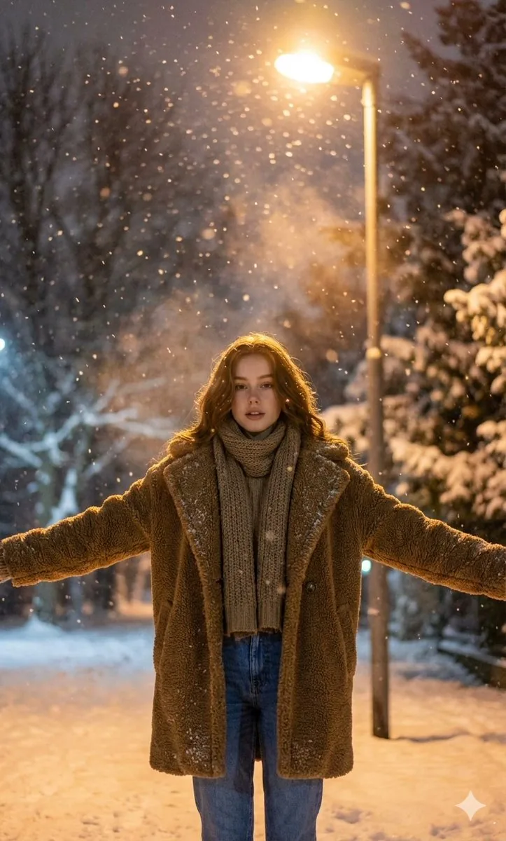 Nighttime Winter Scene with Strict Face Identity Lock - Nano Banana Pro AI Prompt for Social Media Post reference
