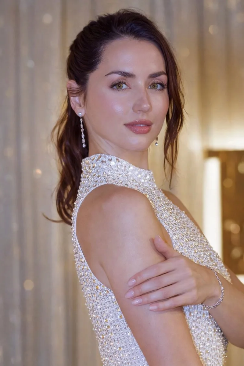 Glossy Sequined Portrait with Hand Pose - Nano Banana Pro AI Prompt for Social Media Post reference
