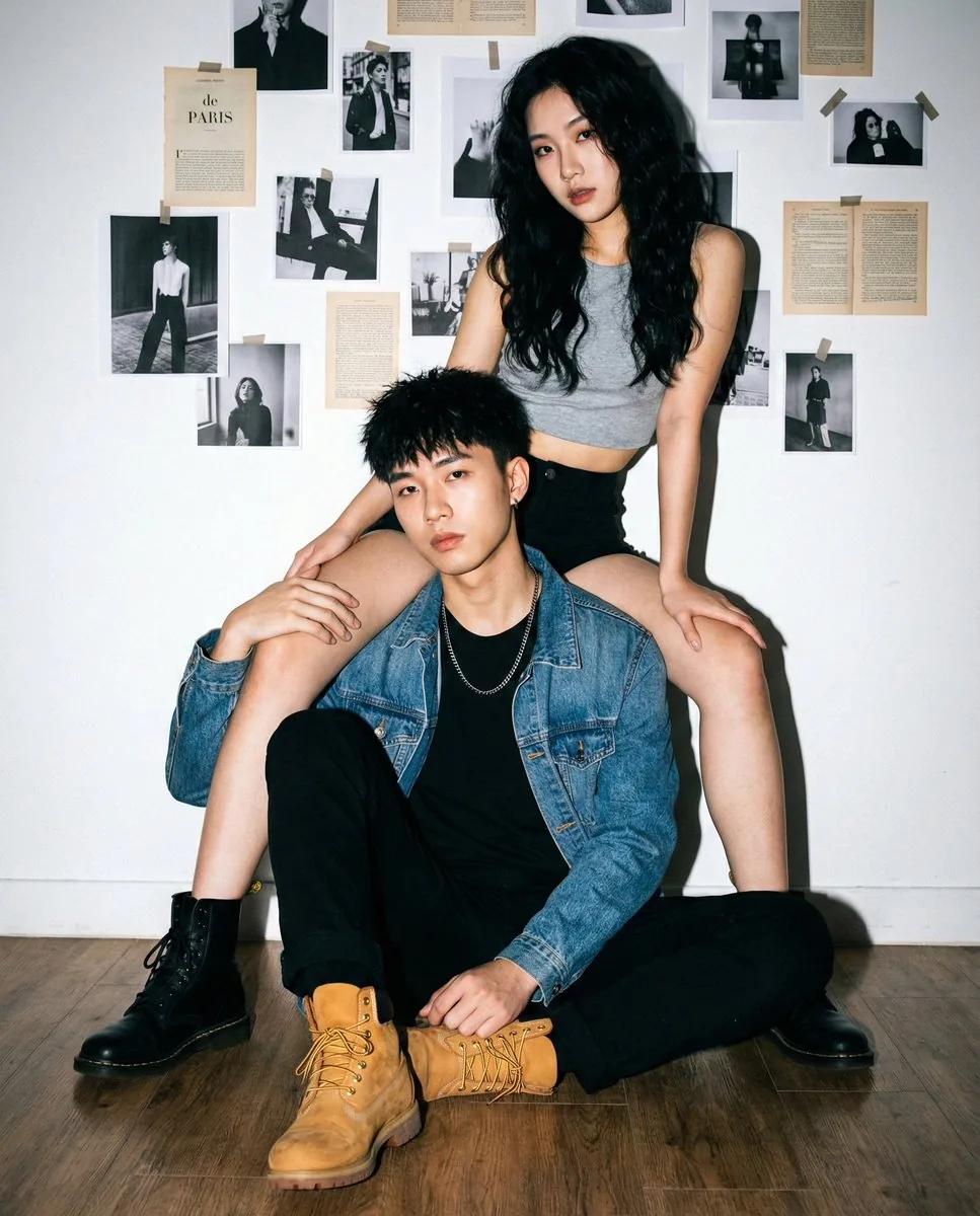 Edgy Asian Couple Portrait with Mismatched Boots and Flash Lighting - Nano Banana Pro AI Prompt for Social Media Post reference