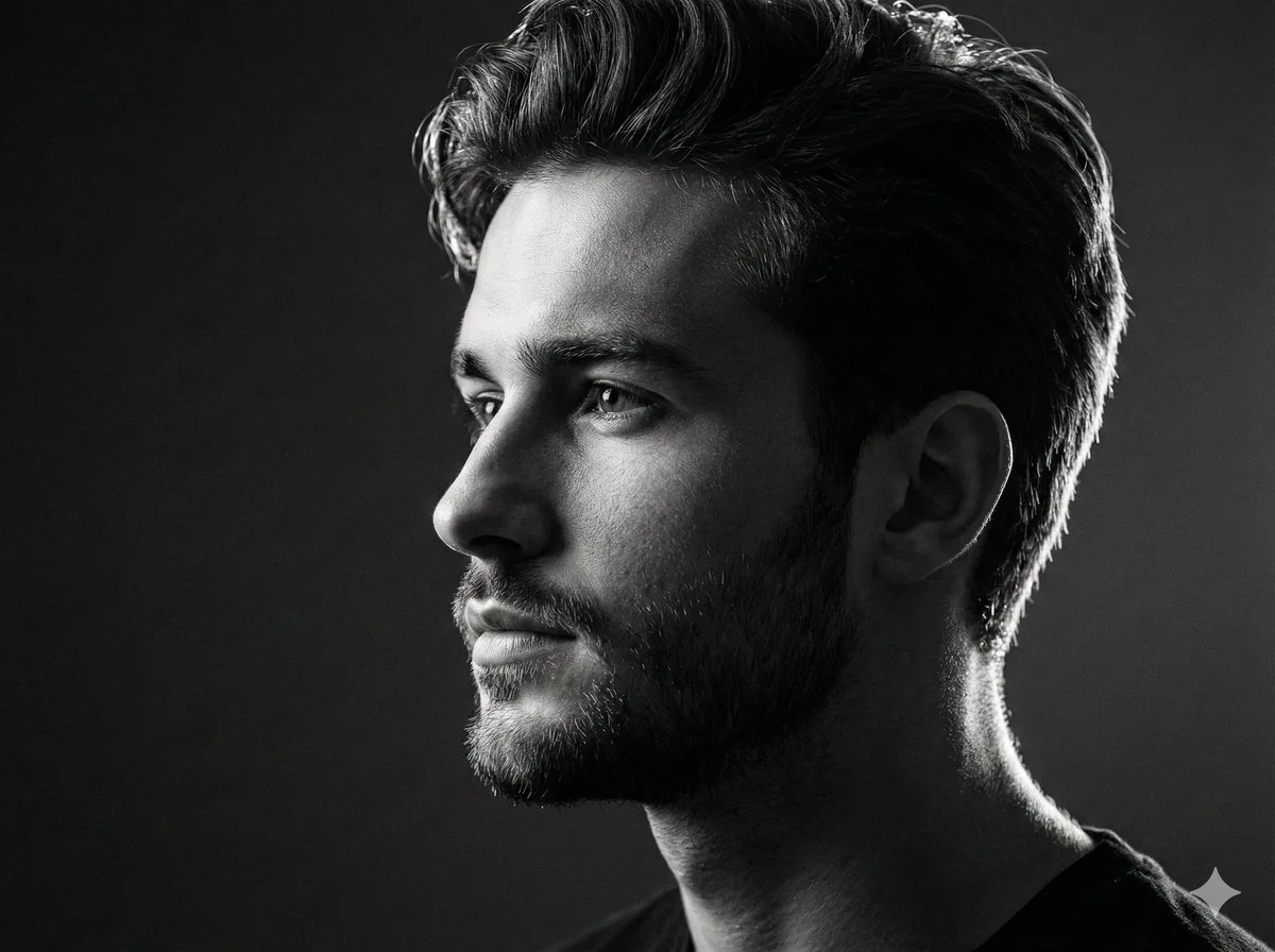 Black and white studio side-profile portrait prompt reference